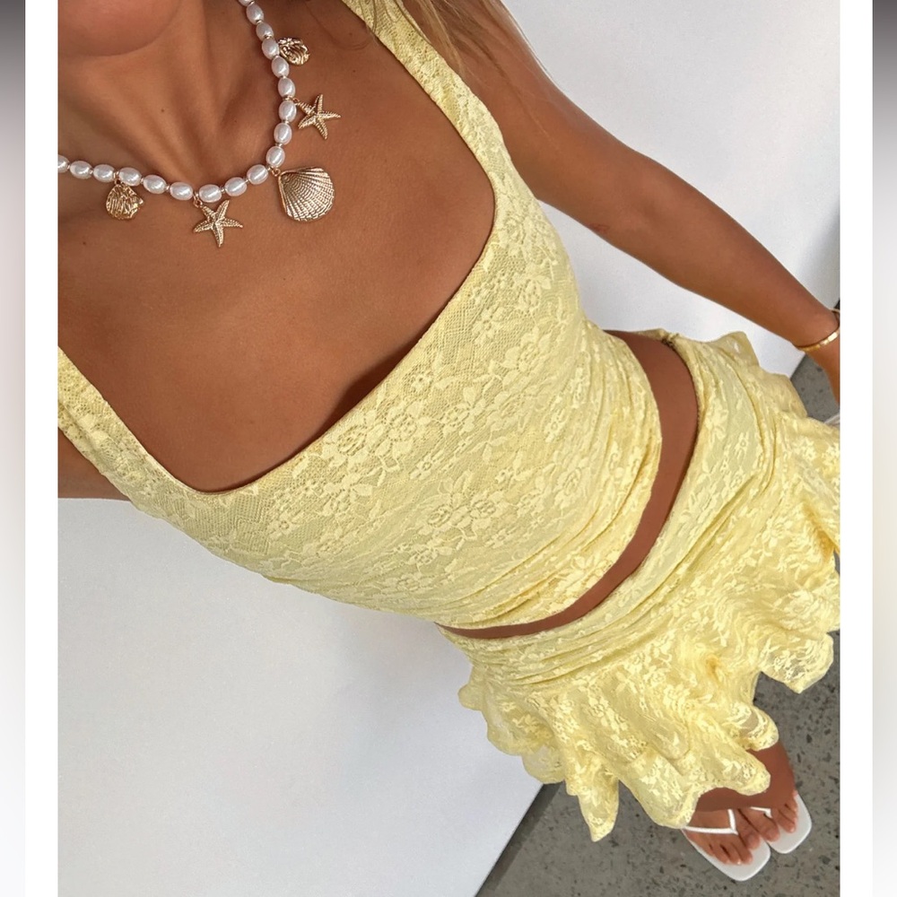White Fox Boutique Lemon Lace Bustier Top & Matching Skirt Set